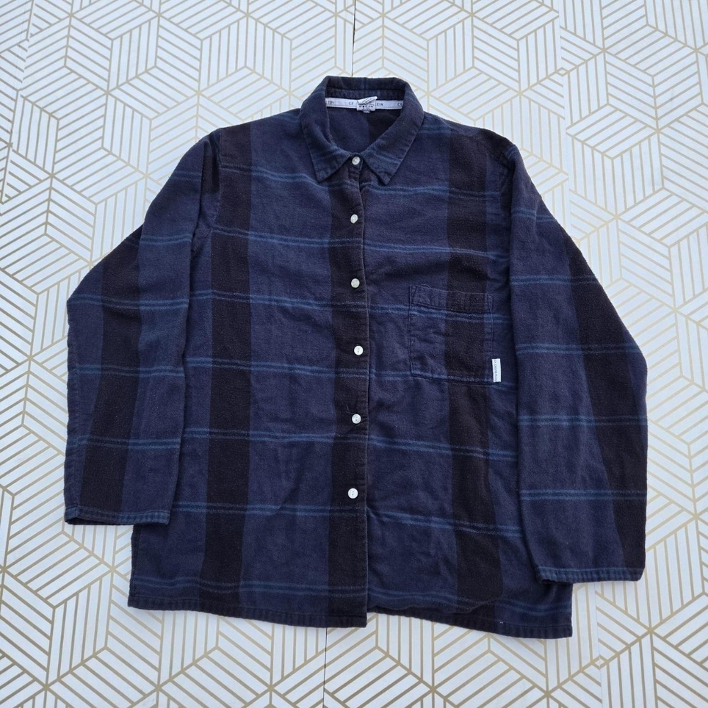 Men Plaid Button-Shirt Flannel Blue Black Long Sleeve Calvin Klein